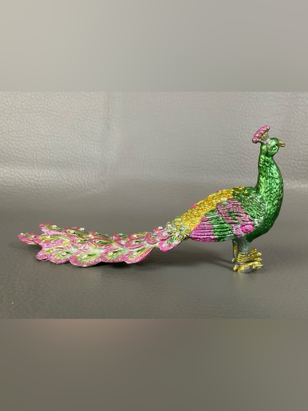 Preowned Peacock Trinket Box 6” Long and Colorful Peacock Pin. 6.5” Long. Nice